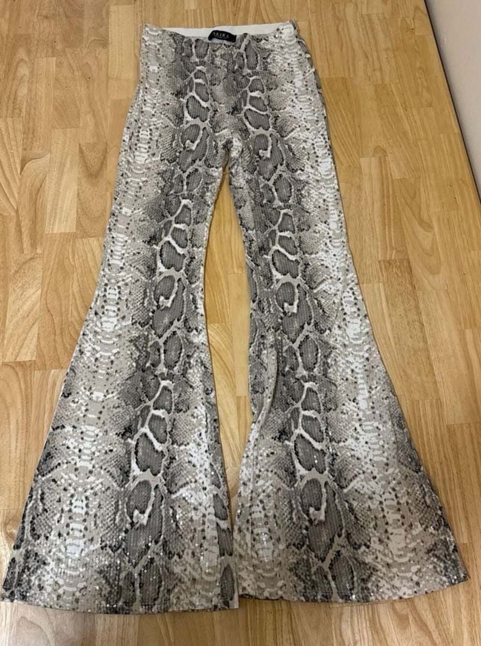 AKIRA All Over Sequin Snake Print Flare Leg Bell Bottom Pants